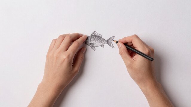 Hands holding pencil drawing fish background plain white black person hands holding pencil drawing fish. backg