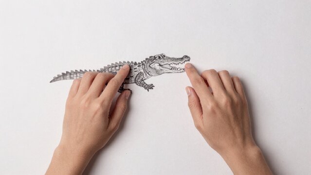 Hands touching drawing crocodile drawn black white background plain bare hands touching drawing crocodile. cro