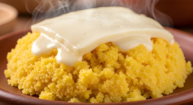 Steaming Brazilian Corn Couscous Cuscuz Topped with Melting Cheese