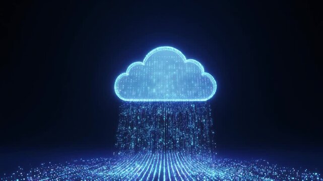 Abstract cubic digital cloud with cascading glowing particles, symbolizing cloud computing, data transfer, and futuristic connectivity.
