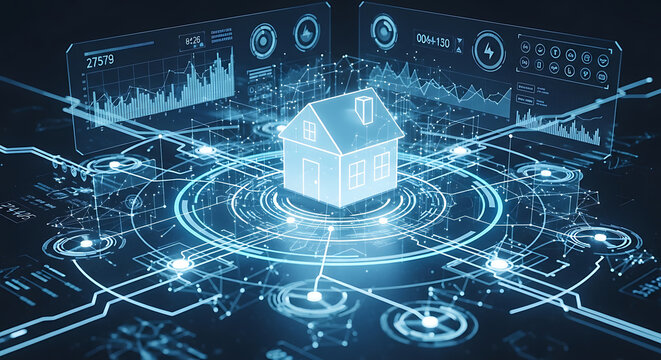 Digital smart home technology interface with glowing house icon and advanced data analytics automation system