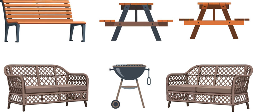 Outdoor garden furniture set featuring wooden park bench picnic tables wicker sofas and charcoal barbecue grill isolated vector illustration
