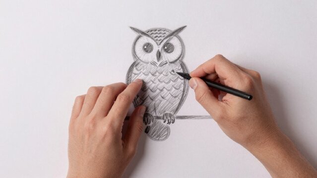 Person drawing owl piece paper white drawn stick holding black marker right hand has big round eyes small beak