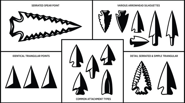 Set of black silhouettes of ancient arrowhead and spear point designs isolated on a white background