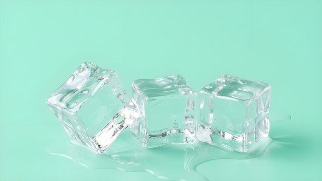 싱그러운 민트 그린 바탕 위로 맑고 투명하게 빛나는 사각형 각얼음 조각들의 열거
Row of Clear and Transparent Square Ice Cubes Shimmering on Fresh Mint Green Surface