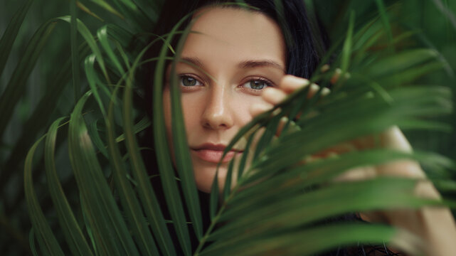 Mysterious Woman Emerging From Green Tropical Jungle Leaves 