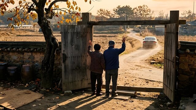 명절 시골 부모님댁에 왓다가 돌아가는 차량과 마중나간 노부부 An elderly couple who came to their parents' house in the countryside for the holidays and came back to meet them