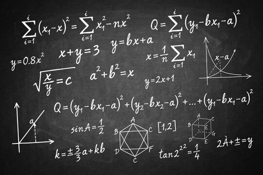 Mathematical formulas and geometric diagrams written in white chalk on a black blackboard