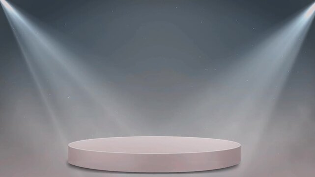 Empty round podium or pedestal for product display with spotlights and smoke effect on a dark background