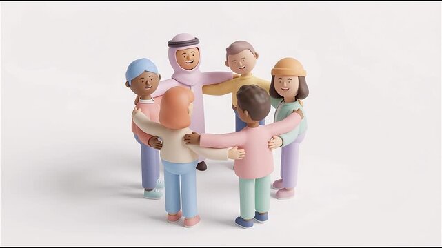 A diverse group of 3D cartoon characters representing different professions standing in a circle and hugging each other, symbolizing teamwork, and global friendship for International friendship day