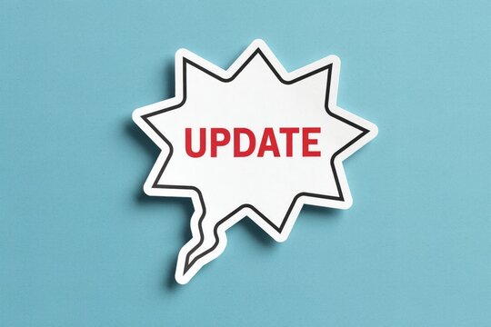 White star-shaped speech bubble with red update text on blue background