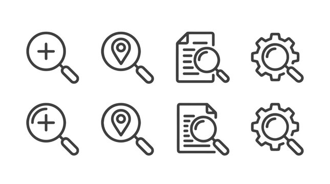 Search and magnifier icon set with zoom document map and settings