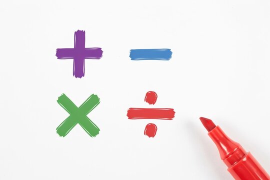 Hand-drawn mathematical symbols, plus, minus, multiply, and divide signs