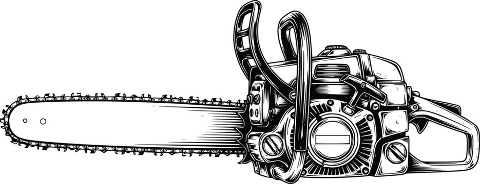Industrial Chainsaw Hand Drawn Vector Illustration Vintage Logging Forestry Equipment Black White