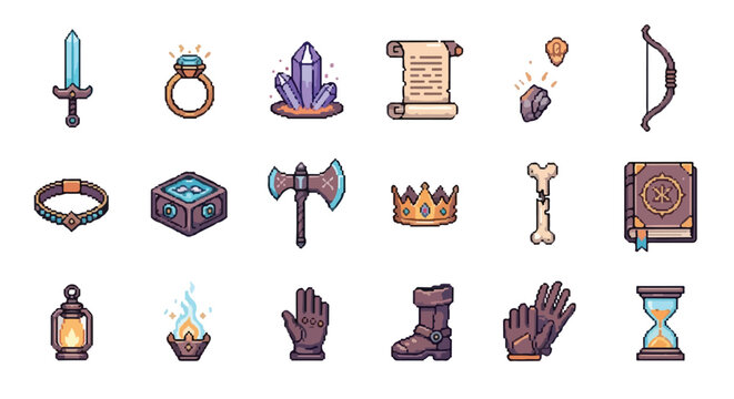 Eighteen detailed pixel art icons featuring various fantasy RPG equipment, magical artifacts, and weapons, set against a plain white background.