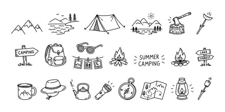 Summer camping doodle vector icon set. Hand drawn outdoor adventure elements including tent, bonfire, backpack, map, compass, mountains, and forest signs. Outline illustrations for hiking, traveling.
