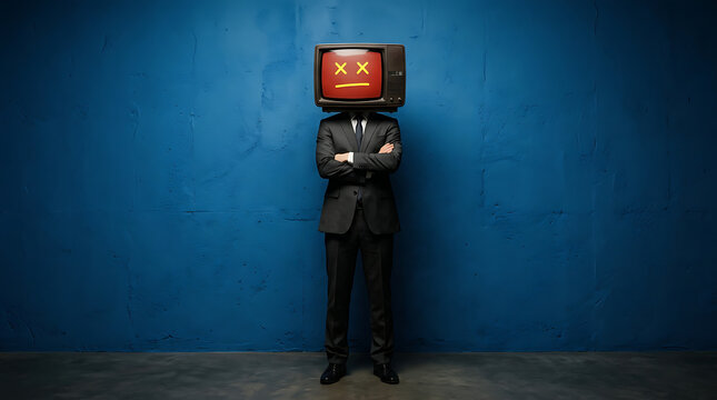 Professional person with TV head and glitch face symbolizing digital era burnout on blue