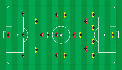 Top view of soccer field with team formation strategy, red and yellow players in flat vector style illustration © PHOTO N LIFE