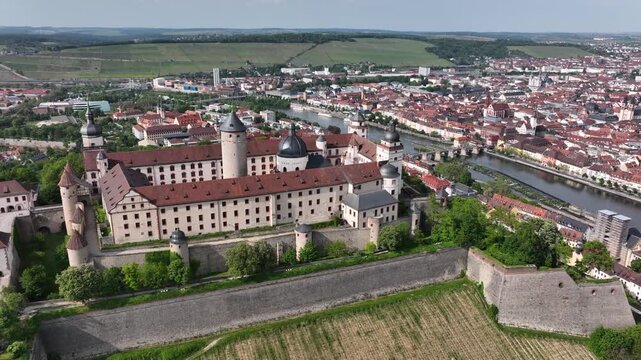 Wurzburg, Germany, Marienberg Fortress on a Hill and the Old Main Bridge to the Wuerzburg CIty, Altstadt. Summer Aerial.