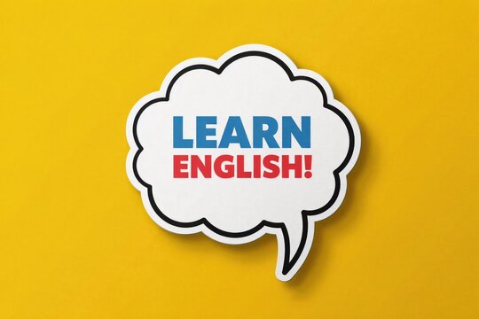 White speech bubble with learn english text on a yellow background