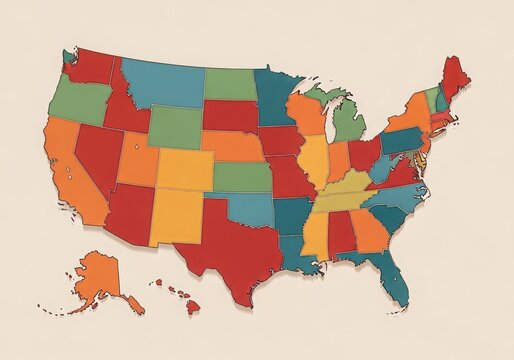 Flat map of the united states of america with multi-colored state borders
