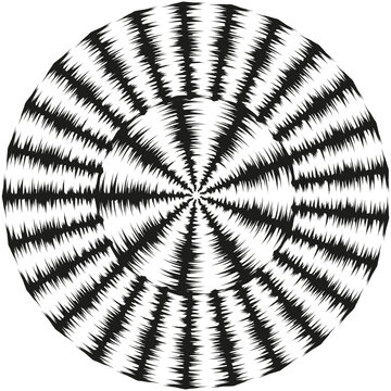 Hypnotic radial burst with jagged vibrating lines vector. Graphic targets op art projects, music festival visuals and dynamic branding.