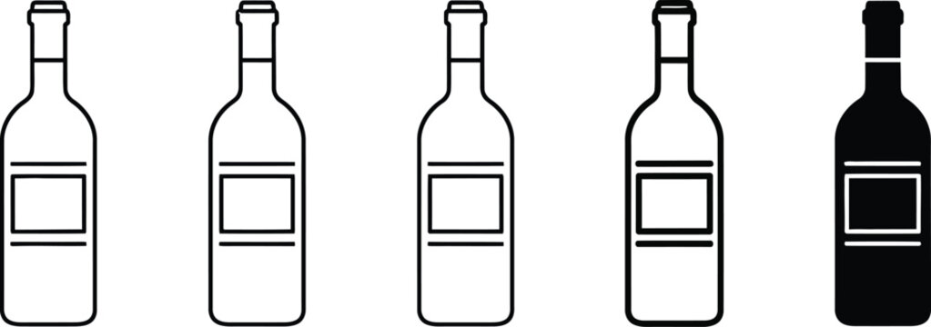Set of five empty wine bottles with different fill levels and colors standing in a row Vector