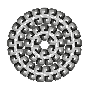 Circular optical illusion pattern with impossible shapes vector. Graphic supports branding, textile prints, and digital art.