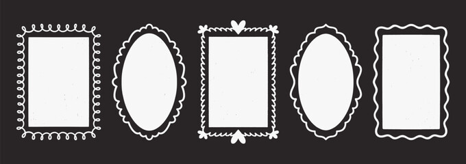 Fototapeta premium Cute white frames set on black background. Coquette ribbons and bows. Oval rectangle borders with scalloped edge. Decorative line and silhouette elements, ideal for wedding cards, romantic designs.