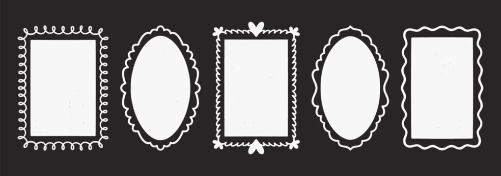 Cute white frames set on black background. Coquette ribbons and bows. Oval rectangle borders with scalloped edge. Decorative line and silhouette elements, ideal for wedding cards, romantic designs.