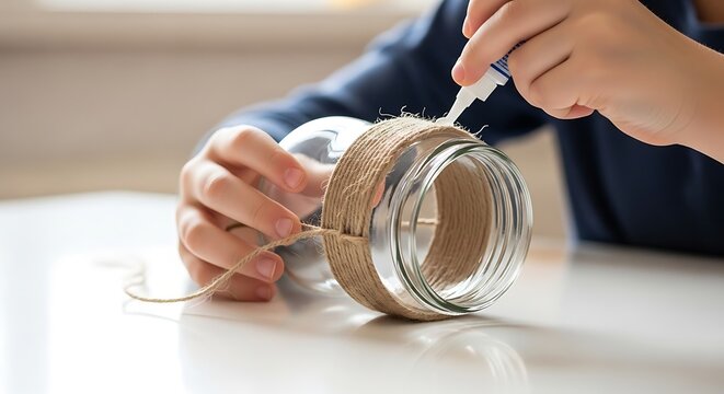 Child hands applying glue to wrap rustic twine around a clear glass jar for decoration