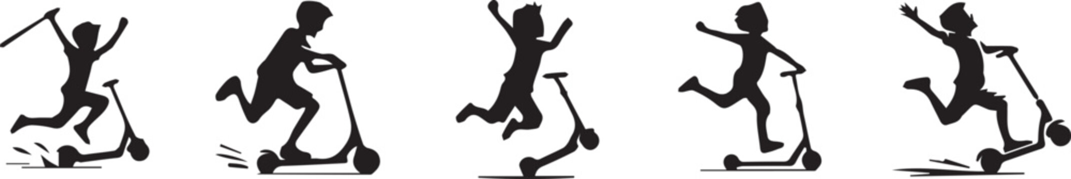 Children scooter silhouette icon set illustration, outdoor play vector artwork, activity design graphic, motion emblem symbol, minimalist fun theme