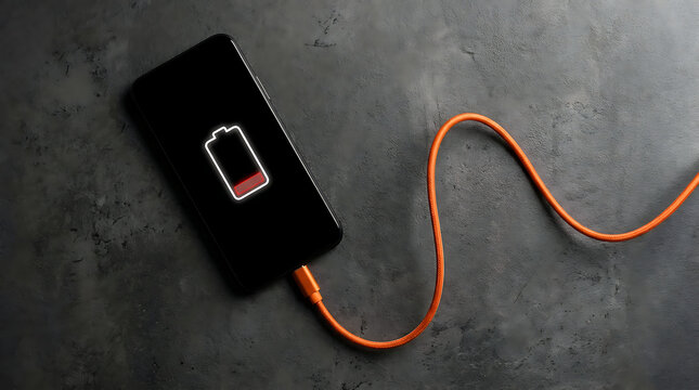 Smartphone Charging on Dark Grey Concrete Surface with Low Battery Icon and Orange Cable