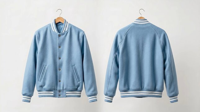 Stylish light blue varsity jacket displayed from front and back, perfect for custom branding or showcasing contemporary collegiate fashion and comfortable outerwear