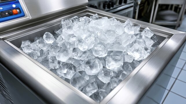 Commercial Stainless Steel Ice Maker with Cubes of Ice in a Modern Kitchen Environment