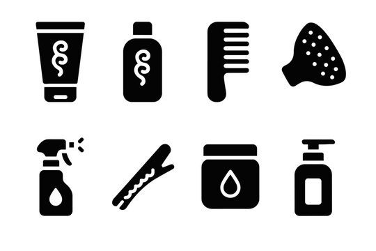 Curly Hair Icons. Curly Hair Essentials. Filled icon set of Curly Hair Essentials: curl cream, defining gel,