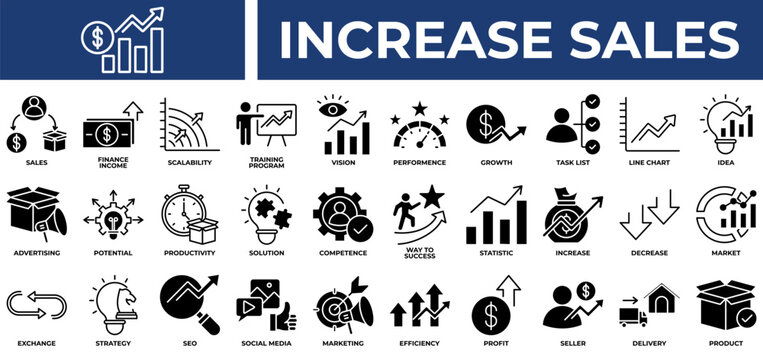 
Increase Sales icon set collection. Containing sales, increase, transfer, profit, seo, performance, task .Solid vector icons collection