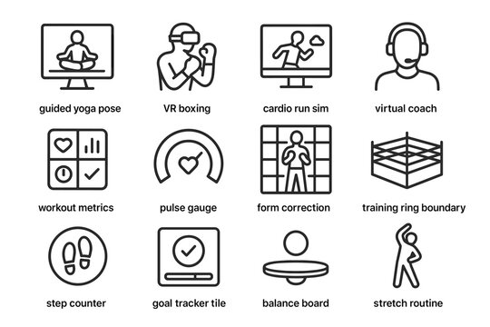 Virtual Fitness Icons. Virtual fitness routines. Line outline icon set of virtual fitness routines: guided