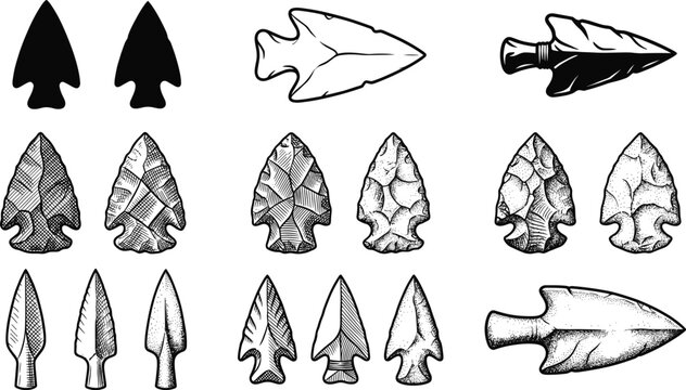 Vintage hand drawn collection of stone arrowheads and prehistoric flint spear tips in engraved and silhouette styles