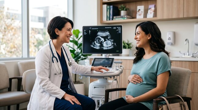 A doctor discusses an ultrasound image with a smiling pregnant woman in a medical examination room.