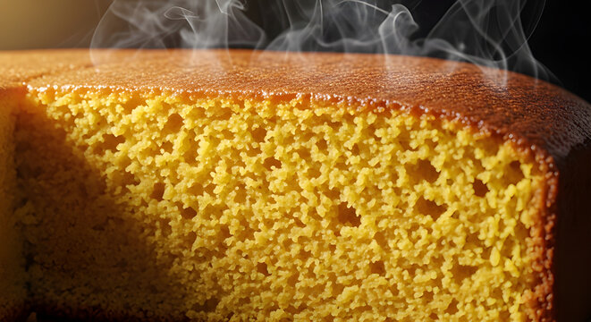 Extreme Macro Close Up of Steaming Fluffy Brazilian Corn Cake Texture