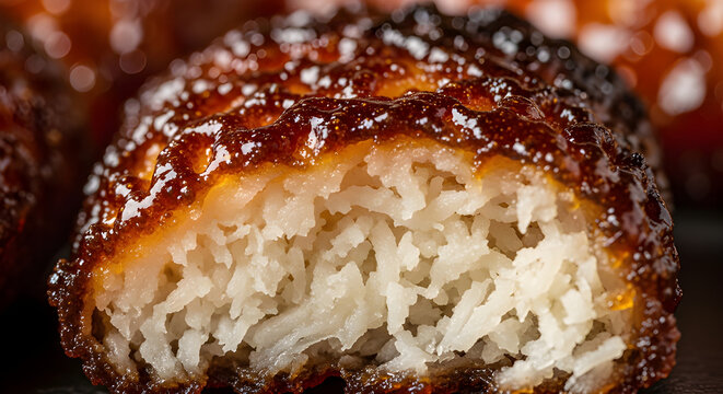 Macro Close Up of Golden Baked Brazilian Cocada Coconut Candy