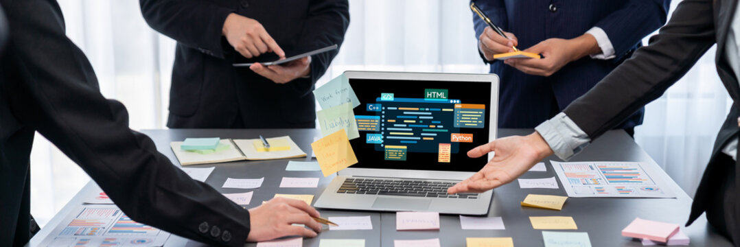 Software development or programming work with coding screen of various programming languages like HTML, and C brisk for new application development
