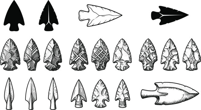 Vintage hand drawn set of ancient stone arrowheads and flint spearheads in engraved sketch style for historical design