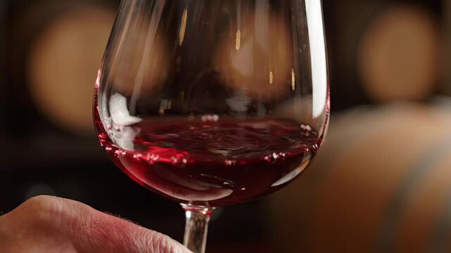 Hand holding a wine glass filled with red wine, showcasing swirling liquid inside, with wooden barrels softly blurred in the background of a winery setting