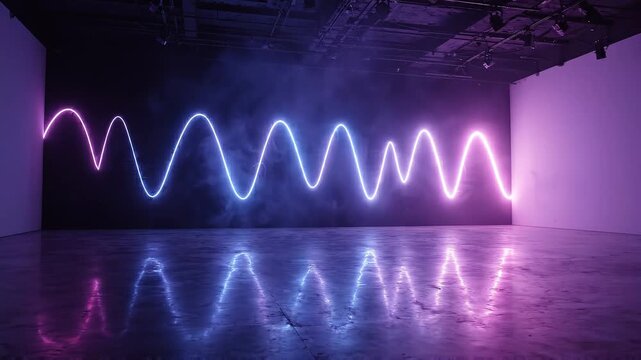 Colorful light waves in purple and blue illuminate a modern art gallery space with reflective concrete floor and smoke effects creating a dynamic visual experience