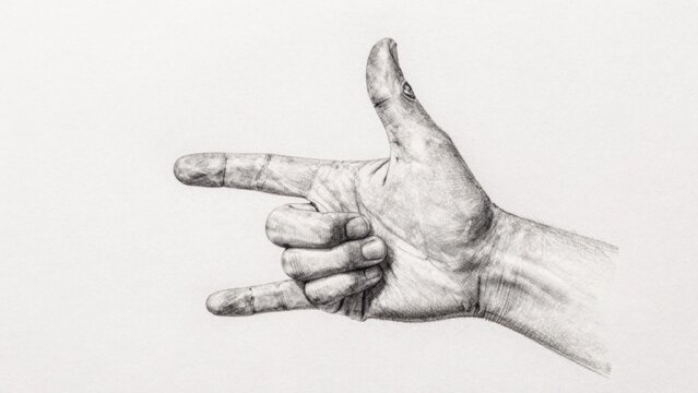 Black white drawing hand pointing left there fingers thumb index finger middle top bottom hair black white dra