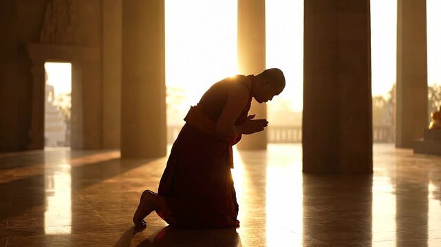 Asian male monk kneeling in prayer with hands together, illuminated by sunlight streaming through pillars in a serene temple setting