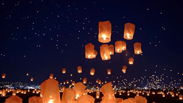 Floating paper lanterns ascend into the night sky, illuminating the dark with warm light, creating a mesmerizing scene of celebration and hope in an outdoor setting