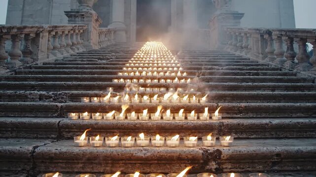 Row of lit candles on stone steps leading to a grand entrance, with smoke rising and illuminating the path, creating a serene and mystical atmosphere